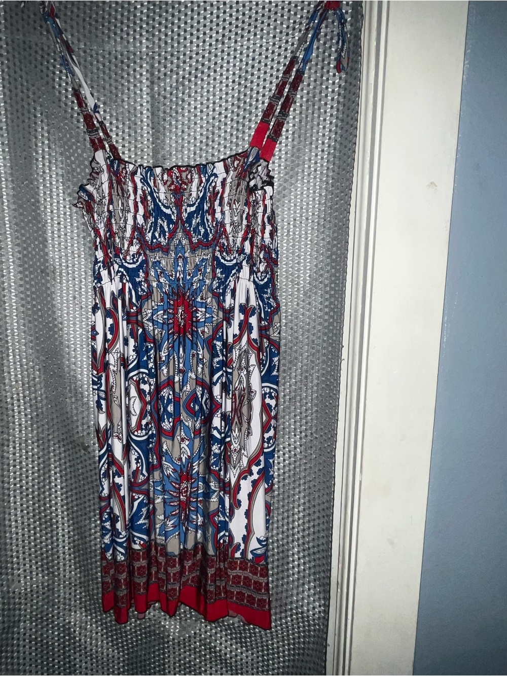 Smocked Strappy Mini Dress in Red, Blue & White